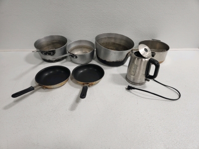 (4) Large Pots, (2) Small Pans, (1) Tea Pot