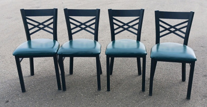 (4) Metal Chairs With Green Cushions