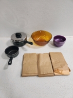 (2) Superior Pots, Large Glass Bowl, Plastic Cereal Bowls, Paper Lunch Bags