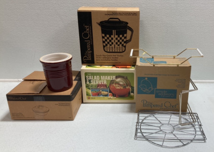 Salad Maker & Server, Pampered Chef: Quick-Stir Pitcher, Stone Utenisil Holder, Round Covered Baker, Small Bowl Caddy and more