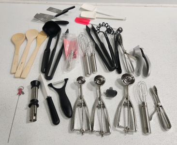 Plastic Tub Full Of Kitchen Utensils