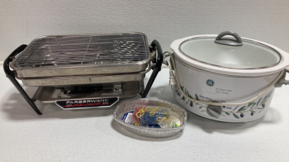 Farberware Electric Broiler, GE Slow Cooker, Mini Foil Casserole Pans, Close Clips