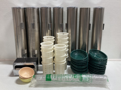 (7) Cup Dispensers, (26) Plastic Food Baskets, (24) Silverware Cups, Napkin Dispenser, (3) Small Plastic Bowls, Clear Plastic Lids