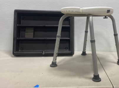 (1) White Shower Chair, (1) Black Tray