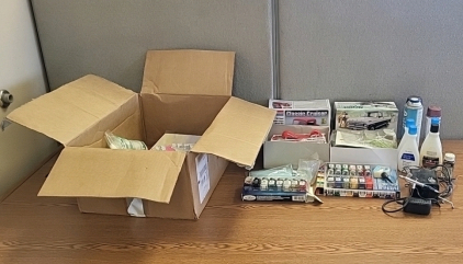 (2) Model Cars, Assorted Model Paint, Paint Brushes, and More