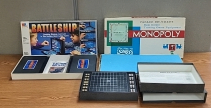 1960s Monopoly Game, Battle Ship and Breakthru Board Games, with Dog Toys