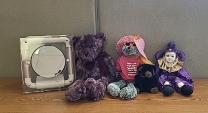 (3) Stuffed Bears, (1) Doll with Glass Head and Glass Hands, and Working Conair Crystal Images Lighted Mirror