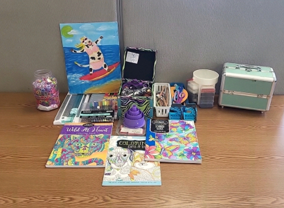 (3) Coloring Books, Colored Pencios, Sewing Items, Painted Surfing Cow and More