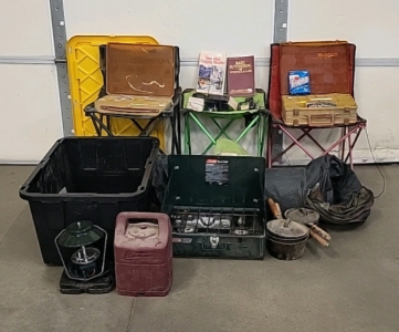 Assorted Fishing Gear, Tent, Propane Grill, Propane Lantern, (2) Folding Chairs, Folding Table and More