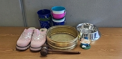 Wood Gavel, Small Buckets, Dog Bowl, Size 7B Women's Justin Slippers, and More