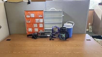 Large First Aid Bix with Shelves and Pockets, Working Sander, 12v Portable Air Pump and (2) Drink Mugs