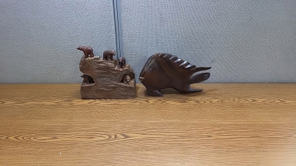 Wood Carved Fish with Miniature Bears and Wood