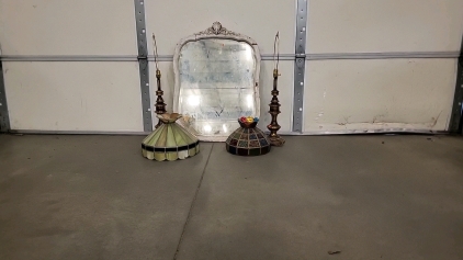 Mirror with (2) Lamps and Glass Lamp Shades