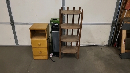 (2) Wood Shelving Units with Like New Oscillating Heater