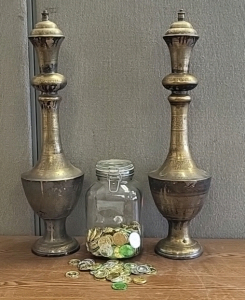(2) Decorative Metal Statues with Jar of Assorted Plastic Coins