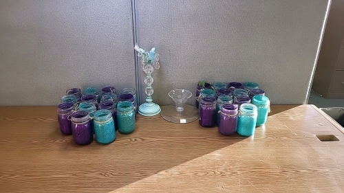 Tote of (28) Mason Jars with Teal and Purple Glitter and (2) Candle Stands