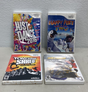 (1) Wii Just Dance 2016, (1) Wii Ski-Doo Snowmobile Challenge, (1) Tony Hawk Shred Big Air! Bigger Tricks!, (1) Wii Happy Feet Two