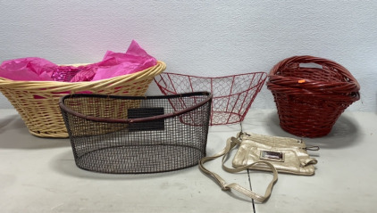 (1) Nicole By Nicole Nille Beige Crossbody Purse, (1) Metal Red Basket, and more