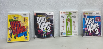 (1) Wii Just Dance Kids 2 (1) Wii Just Dance 2 (1) Wii Wii Fit Plus, (1) Wii Just Dance 3