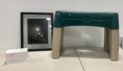 (1) Green Stool, (1) TechCare Plus24 Ultimate Massager (1) Clear Glass Framed Night Sky Photograph