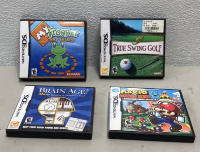(1) Nintendo DS True Swing Golf, (1) Nintendo DS MY Frogger Toy Trials, (1) Mario VS Donkey Kong 2 (1) Nintendo DS Brain Age 2