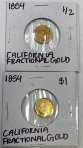 (1) 1854 $1 Liberty California Fractional Gold Coin, (1) 1854 1/2 Dollar Indian California Fractional Gold Coin.