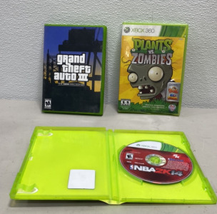 (1) Xbox 360 GTA 3, (1) Xbox 360 NBA 2K-14, (1) Plants VS Zombies Xbox 360 Game