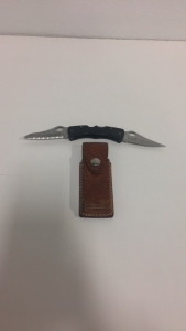 (1) Smith and Wesson Cuttin Horse Dual Blade Foldable Knife (1) Leather knife Sheath