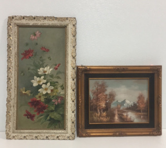 (1) Vintage 17&rdquo; x 31&rdquo; Floral Painting in Vintage Frame (1) Vintage 1987 17&rdquo; x 22&rdquo; Landscape Painting By Langdon