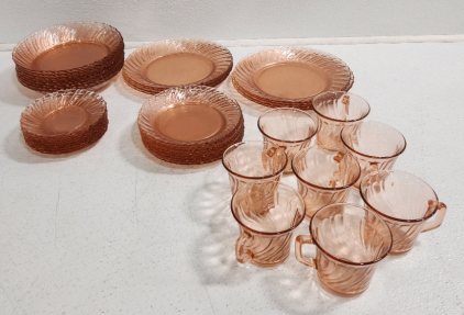 Clear Pink Glass Plate And Cup Set