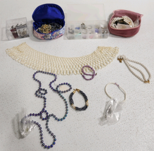 (2) Cosmetic Bags Full Of Costume Jewerly, (2) Aryclic Organizers Full Of Costume Jewelry