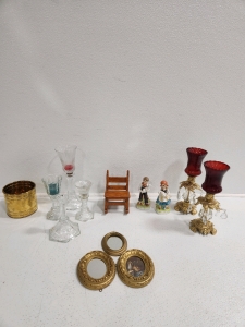 (6) Candle Holders, Various knick Knacks