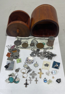 (2) Charm Bracelets, Various Charms, Various Coins, Various Pins, Earings, And Penants + Wood Jewelry Box