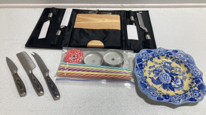 Travel Charcuterie Set, Cheese Knife Set, Collectible Blue Poppy Plate, Mason Jar Lids and Straws