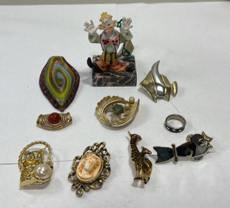 Various Gold Toned Costume/Craft Jewelry, (1) Glass Pendant, (1) Simonelli Resin Clown Figurine