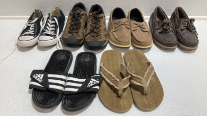 Men&rsquo;s Shoes: Black Converse Size 8, Merrells Size 9, Island Surf Size 9, Loafers Size 9, Adidas Slides Size 9, Flip Flops Size 9.5-10