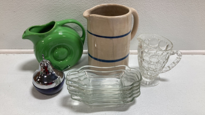 Ceramic Pitchers, Glass Pitcher, Glass Pear Dish, (5) Relish Dishes