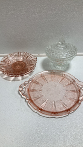 (3) Pink Glass Dishes, Candy Dish w/ Lid