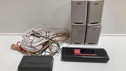 (4) Sony Speakers, Various Cords and Cables, AM/FM Radio, Socket Wrench Set