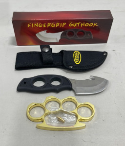 (1) Fingergrip Guthook Knife W/ Sheath, (1) Brass Colored Paperweight W/ Belt Buckle Attachment