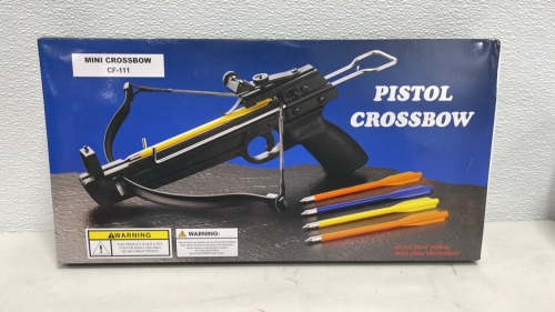 (1) 50lb Crossbow Pistol With 4 Bolts, Bow String And Target, (1) High Velocity Folding Sling Shot