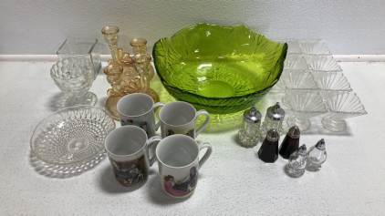 Large Green Glass Bowl, (8) Small Serving Dishes, (4) Norman Rockwell Mugs, (2) Matching Orange Glass Candle Holders, (3) Sets of Salt/Pepper Shakers and more