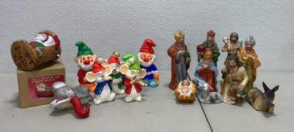 (8) Christian Christmas Figures, (3) Home-Made Painted Gnomes, (3) Home-Made Painted Christmas Mics, (1) &ldquo;not a creature was stirring musical&rdquo; wind up music toy