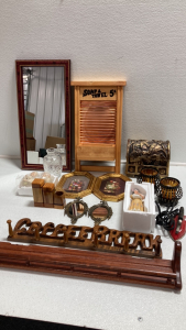 Washboard Decor, Candle Holders, Wood Shelf, &ldquo;Coffee Break&rdquo; Mug Rack, Salt/Pepper Shakers, Toothpick Holder, Decorative Chest, and more