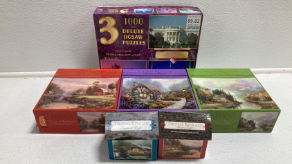 Set of 3 Puzzles, (3) 1000pc Thomas Kinkade Puzzles, (2) 100pc Kinkade Puzzles