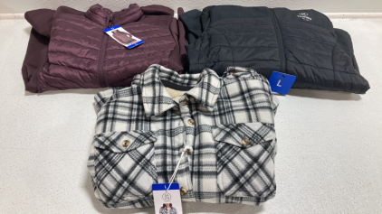Women&rsquo;s Clothes Size Large: Purple Jacket, Black Jacket, Plaid Shirt Jacket