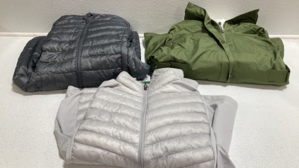 Women&rsquo;s Clothes Size XL: Gray Long Puffy Jacket, Green Coat w/ Vest, Light Gray Jacket