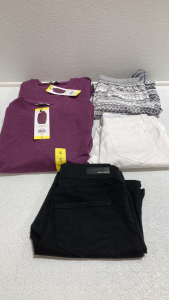 Women&rsquo;s Clothes Size Small: (2) Purple Crew Neck Pullovers, Gray Lounge Pants, White Jeans Size 6, Black Shorts