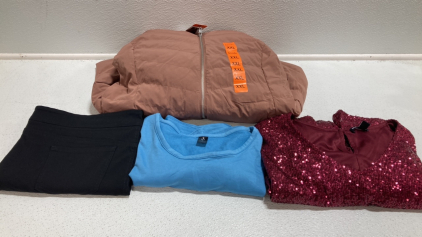 Women&rsquo;s Clothes Size XXL: Dusty Rose Puffy Coat, Black Capri Pants, Blue Active Tee, Maroon Sequin Tunic