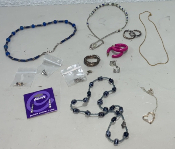 (1) Set of Claire&rsquo;s Genuine Austrian Crystal Earings, Bright Pink Hoop Earings, (1) Blue Beaded Necklace, (1) Dark Grey/Blue Necklace, and more Fun Costume Jewelry!